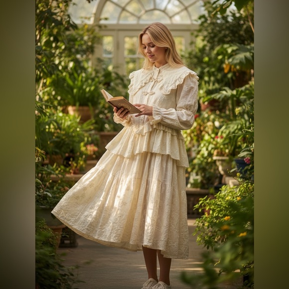 1970s Prairie Style Wedding Elegant Cream Pearl Embellished Cottage-core Dress - Picture 1 of 8